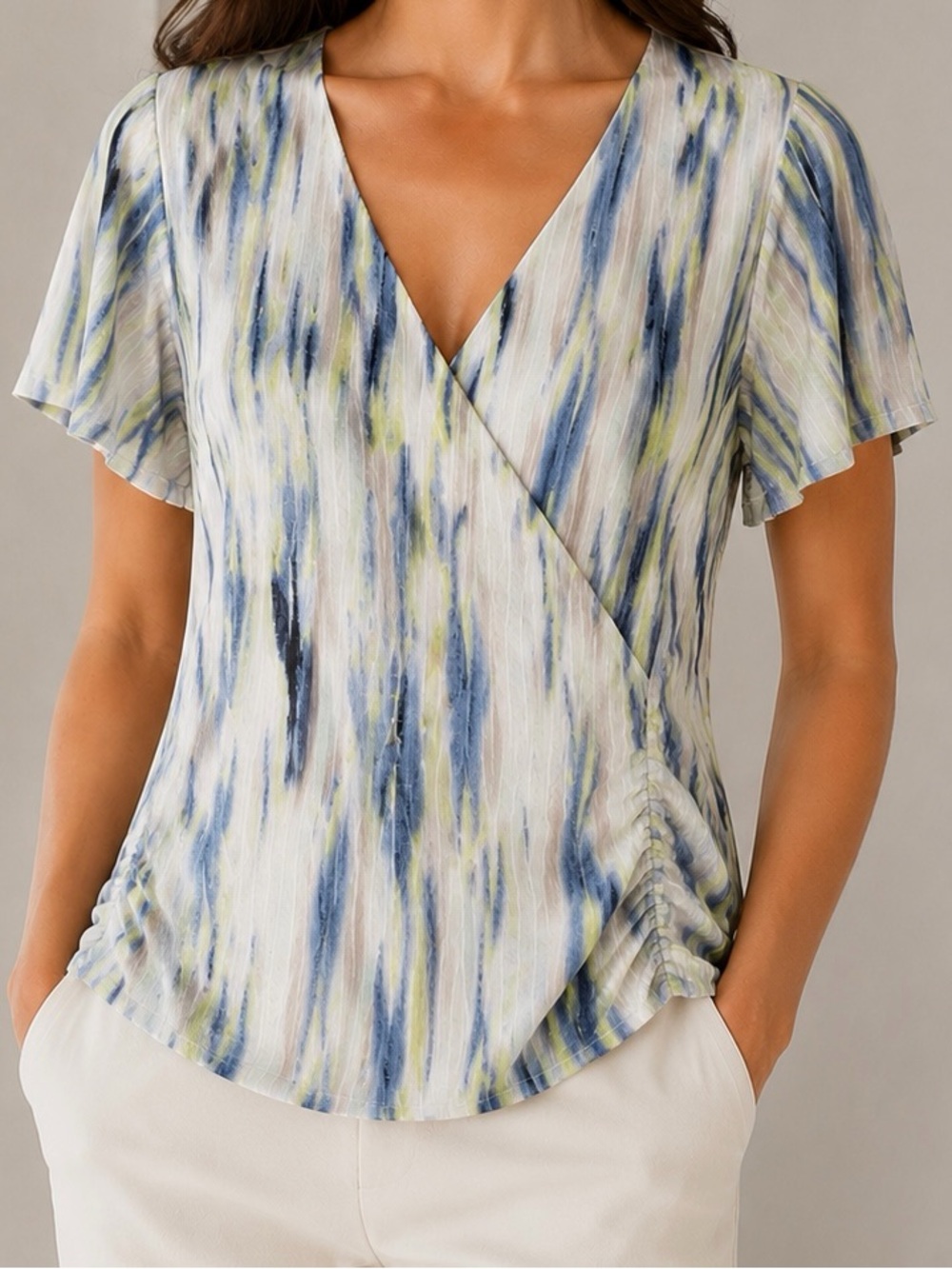 DKNY Blue, Cream and Yellow Brushstroke Wrap-Style Blouse